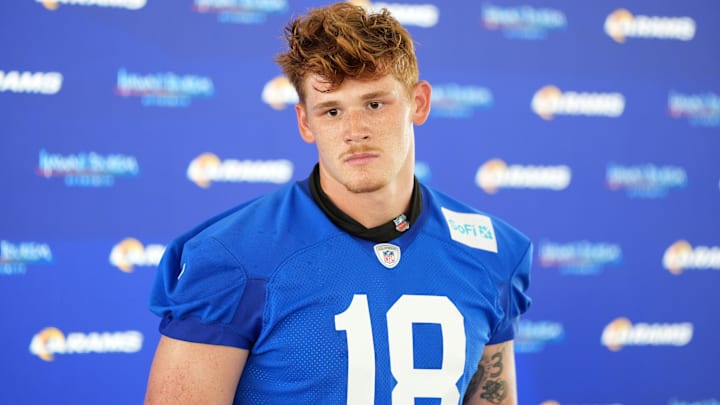 May 28, 2025; Woodland Hills, CA, USA; Los Angeles Rams tight end Terrance Ferguson (18) at press conference during organized team activities at Rams Practice Facility. Mandatory Credit: Kirby Lee-Imagn Images