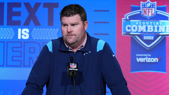 Mar 2, 2022; Indianapolis, IN, USA; Tennessee Titans general manager Jon Robinson looks on during the NFL Combine at the Indiana Convention Center. Mandatory Credit: Kirby Lee-Imagn Images