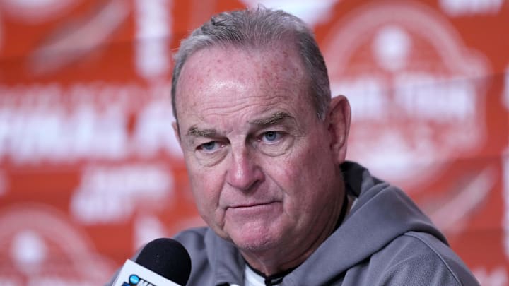 Texas Longhorns coach Vic Schaefer reacts during press conference at Amalie Arena. 