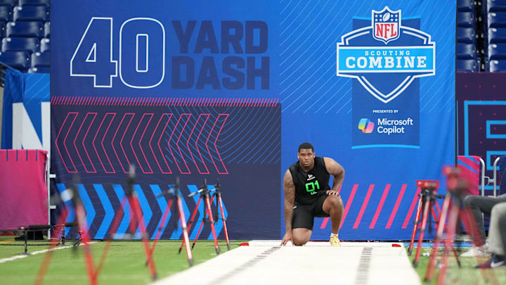 Texas offensive lineman Kelvin Banks gets ready to run the 40-yard dash at the Scouting Combine. Texas offensive lineman Kelvin Banks gets ready to run the 40-yard dash at the Scouting Combine.