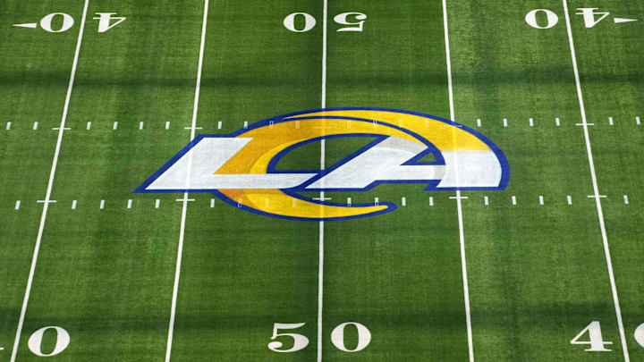 Aug 9, 2025; Inglewood, California, USA; The Los Angeles Rams logo at midfield at SoFi Stadium. Mandatory Credit: Kirby Lee-Imagn Images Aug 9, 2025; Inglewood, California, USA; The Los Angeles Rams logo at midfield at SoFi Stadium. Mandatory Credit: Kirby Lee-Imagn Images