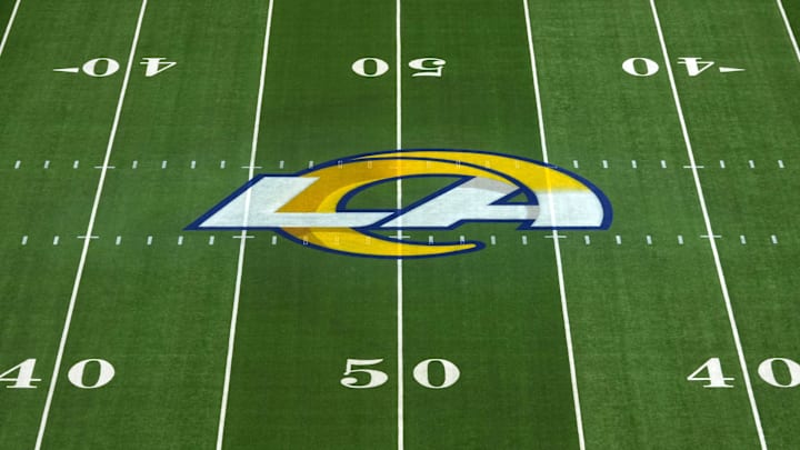 Aug 16, 2025; Inglewood, California, USA; The Los Angeles Rams logo at midfield at SoFi Stadium. Mandatory Credit: Kirby Lee-Imagn Images Aug 16, 2025; Inglewood, California, USA; The Los Angeles Rams logo at midfield at SoFi Stadium. Mandatory Credit: Kirby Lee-Imagn Images