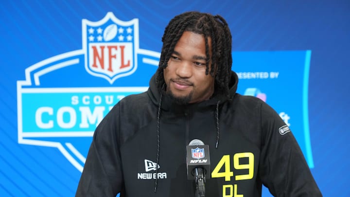 Feb 27, 2025; Indianapolis, IN, USA; Marshall defensive lineman Mike Green (DL49) during the 2025 NFL Scouting Combine at the Indiana Convention Center. Mandatory Credit: Kirby Lee-Imagn Images