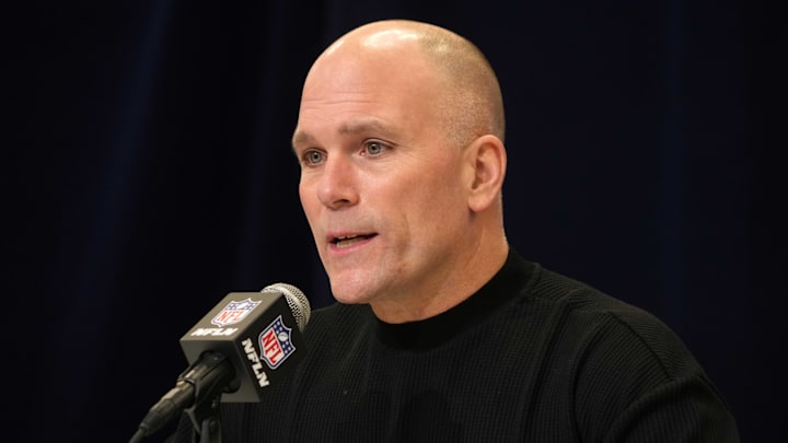 Feb 25, 2025; Indianapolis, IN, USA; Baltimore Ravens general manager Eric DeCosta speaks during the NFL Scouting Combine at the Indiana Convention Center. Mandatory Credit: Kirby Lee-Imagn Images