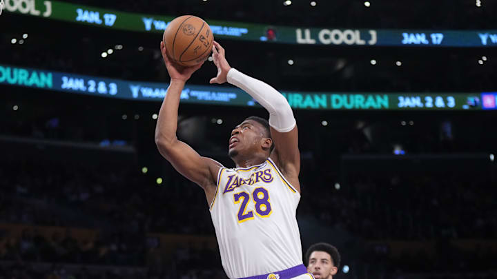 Dec 15, 2024; Los Angeles, California, USA; Los Angeles Lakers forward Rui Hachimura (28) shoots the ball against the Memphis Grizzlies in the first half at Crypto.com Arena. Mandatory Credit: Kirby Lee-Imagn Images