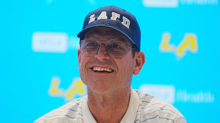 Jan 15, 2025; El Segundo, CA, USA; Los Angeles Chargers coach Jim Harbaugh at a press conference at The Bolt. Jan 15, 2025; El Segundo, CA, USA; Los Angeles Chargers coach Jim Harbaugh at a press conference at The Bolt.