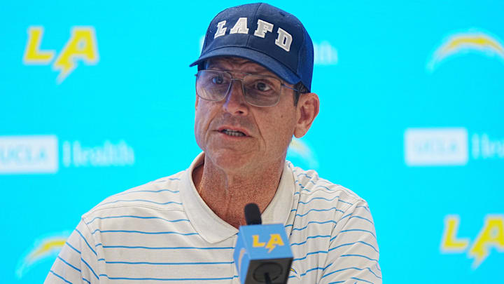 Jan 15, 2025; El Segundo, CA, USA; Los Angeles Chargers coach Jim Harbaugh at a press conference at The Bolt. Jan 15, 2025; El Segundo, CA, USA; Los Angeles Chargers coach Jim Harbaugh at a press conference at The Bolt.