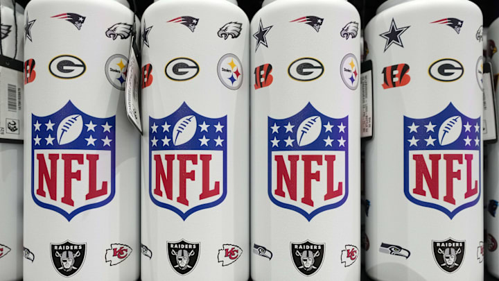Feb 4, 2025; New Orleans, LA, USA; NFL shield logo water bottles 
