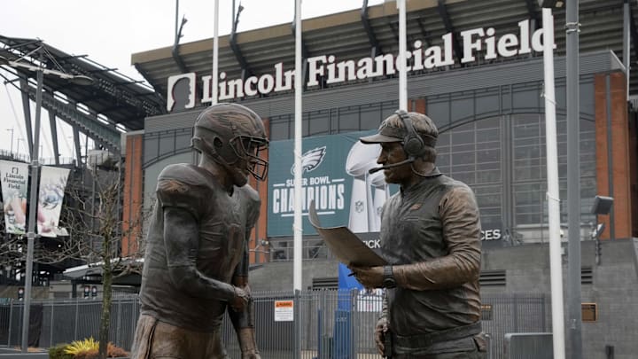 Feb 13, 2025; Philadelphia, PA, USA; The Super Bowl 57 Philly Special statue featuring Philadelphia Eagles quarterback Nick Foles and coach Doug Pederson at Lincoln Financial Field. Mandatory Credit: Kirby Lee-Imagn Images Feb 13, 2025; Philadelphia, PA, USA; The Super Bowl 57 Philly Special statue featuring Philadelphia Eagles quarterback Nick Foles and coach Doug Pederson at Lincoln Financial Field. Mandatory Credit: Kirby Lee-Imagn Images
