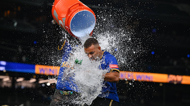Sep 11, 2025; Seattle, Washington, USA; Seattle Mariners shortstop J.P. Crawford (3) dunks the water jug on pinch hitter Harry Ford (5) after the Mariners defeated the Los Angeles Angels at T-Mobile Park. Mandatory Credit: Steven Bisig-Imagn Images Sep 11, 2025; Seattle, Washington, USA; Seattle Mariners shortstop J.P. Crawford (3) dunks the water jug on pinch hitter Harry Ford (5) after the Mariners defeated the Los Angeles Angels at T-Mobile Park. Mandatory Credit: Steven Bisig-Imagn Images
