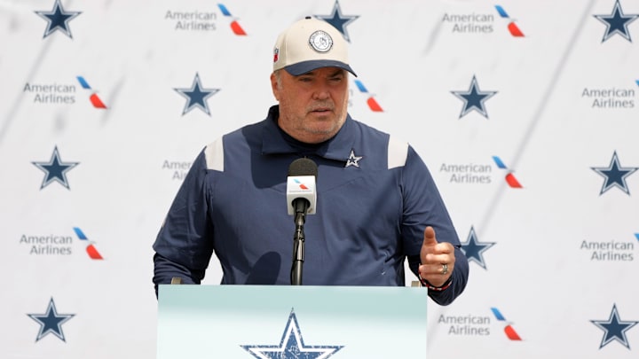 Jul 29, 2023; Oxnard, CA, USA; Dallas Cowboys coach Mike McCarthy during training camp press conference at the River Ridge Fields. 