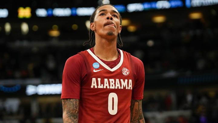Mar 27, 2026; Chicago, IL, USA; Alabama Crimson Tide guard Labaron Philon Jr. (0) looks on after a Sweet Sixteen game of the Midwest Regional of the men's 2026 NCAA Tournament against the Michigan Wolverines at United Center. Mandatory Credit: David Banks-Imagn Images