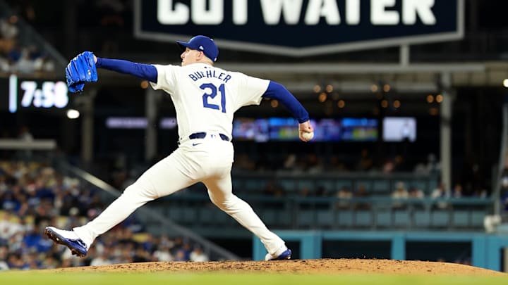 May 6, 2024; Los Angeles, California, USA;  Los Angeles Dodgers starting pitcher Walker Buehler (21)
