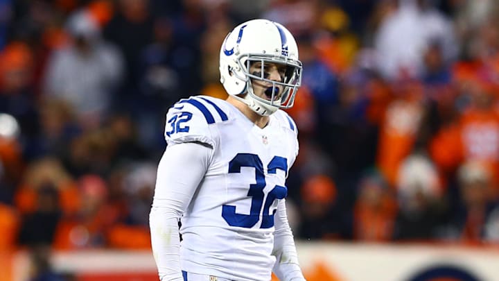 Jan 11, 2015; Denver, CO, USA; Indianapolis Colts safety Colt Anderson (32) against the Denver Broncos in the 2014 AFC Divisional playoff football game at Sports Authority Field at Mile High. The Colts defeated the Broncos 24-13. Mandatory Credit: Mark J. Rebilas-Imagn Images