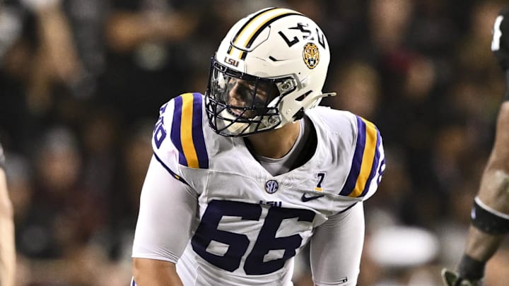 Oct 26, 2024; College Station, Texas, USA; LSU Tigers offensive tackle Will Campbell (66) lines up during the second quarter against the Texas A&M Aggies. The Aggies defeated the Tigers 38-23; at Kyle Field. Oct 26, 2024; College Station, Texas, USA; LSU Tigers offensive tackle Will Campbell (66) lines up during the second quarter against the Texas A&M Aggies. The Aggies defeated the Tigers 38-23; at Kyle Field.