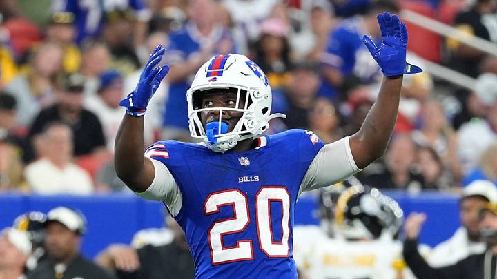Aug 27, 2026; Orchard Park, New York, USA;  Buffalo Bills running back Frank Gore Jr. (20) celebrates after scoring a touchdown against the Pittsburgh Steelers during the second quarter at New Highmark Stadium