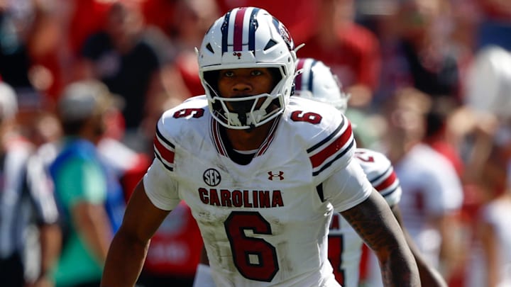 Oct 12, 2024; Tuscaloosa, Alabama, USA;  South Carolina Gamecocks edge Dylan Stewart (6) during the second half at Bryant-Denny Stadium. Mandatory Credit: Butch Dill-Imagn Images