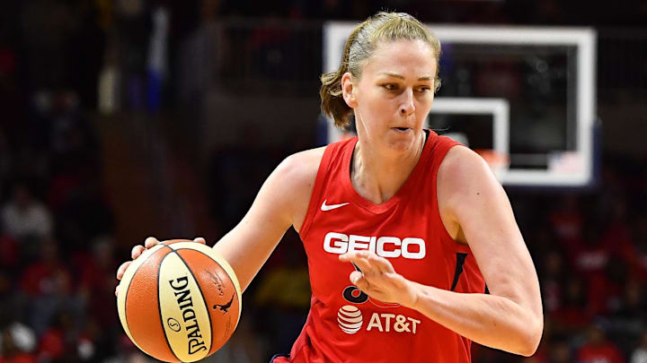 Oct 10, 2019; Washington, DC, USA; Washington Mystics center Emma Meesseman (33) dribbles against the Connecticut Sun during the second quarter in game five of the 2019 WNBA Finals at Entertainment and Sports Ar. Mandatory Credit: Brad Mills-Imagn Images Oct 10, 2019; Washington, DC, USA; Washington Mystics center Emma Meesseman (33) dribbles against the Connecticut Sun during the second quarter in game five of the 2019 WNBA Finals at Entertainment and Sports Ar. Mandatory Credit: Brad Mills-Imagn Images