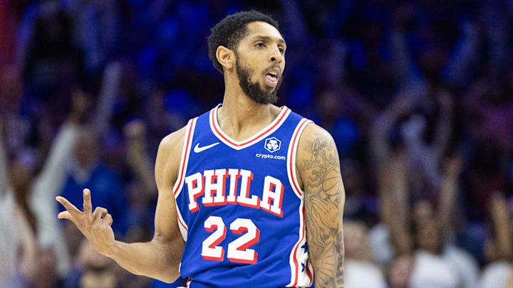 Apr 17, 2024; Philadelphia, Pennsylvania, USA; Philadelphia 76ers guard Cameron Payne (22) reacts to his three pointer against the Miami Heat during the third quarter of a play-in game of the 2024 NBA playoffs at Wells Fargo Center. Mandatory Credit: Bill Streicher-Imagn Images