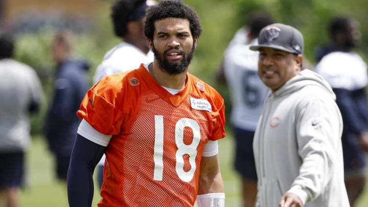 Jun 5, 2024; Lake Forest, IL, USA; Chicago Bears quarterback Caleb Williams (18) looks on during the team's minicamp at Halas Hall. Mandatory Credit: Kamil Krzaczynski-USA TODAY Sports