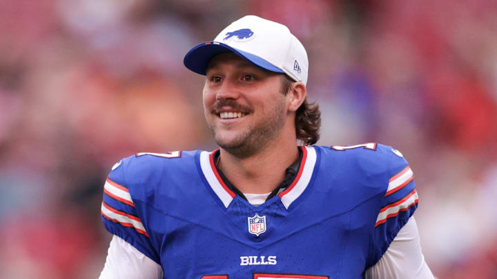 Aug 23, 2025; Tampa, Florida, USA; Buffalo Bills quarterback Josh Allen (17) takes the field fro a game against the Tampa Bay Buccaneers at Raymond James Stadium.