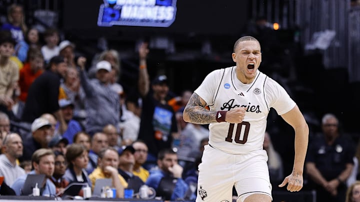 Texas A&M Aggies guard CJ Wilcher (10) reacts against the Michigan Wolverines during the first half in the second round of the NCAA Tournament at Ball Arena. Texas A&M Aggies guard CJ Wilcher (10) reacts against the Michigan Wolverines during the first half in the second round of the NCAA Tournament at Ball Arena.