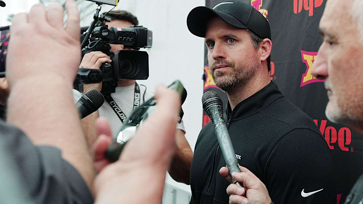 Iowa State football head coach Jimmy Rogers talks to media during NFL football pro-day at Bergstrom Football Complex on March 24, 2026, in Ames, Iowa.