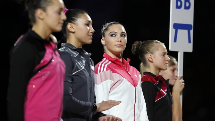 Aug 15, 2013; Hartford, CT, USA; McKayla Maroney (center) before the start of the women's P&G Gymnastics Championships. Aug 15, 2013; Hartford, CT, USA; McKayla Maroney (center) before the start of the women's P&G Gymnastics Championships.