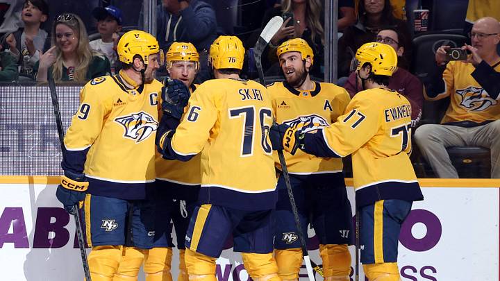 Apr 11, 2026; Nashville, Tennessee, USA; The Nashville Predators celebrate a goal by Nashville Predators center Steven Stamkos (91) during the first period of their game against the Minnesota Wild at Bridgestone Arena. Mandatory Credit: Alan Poizner-Imagn Images Apr 11, 2026; Nashville, Tennessee, USA; The Nashville Predators celebrate a goal by Nashville Predators center Steven Stamkos (91) during the first period of their game against the Minnesota Wild at Bridgestone Arena. Mandatory Credit: Alan Poizner-Imagn Images