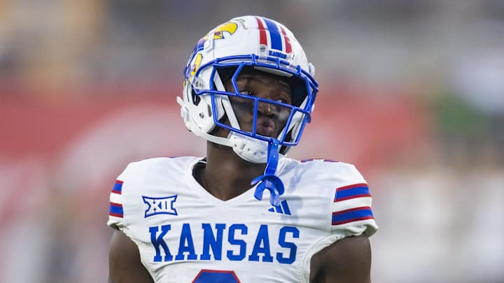 Oct 5, 2024; Tempe, Arizona, USA; Kansas Jayhawks cornerback Mello Dotson (3) against the Arizona State Sun Devils at Mountain America Stadium. Oct 5, 2024; Tempe, Arizona, USA; Kansas Jayhawks cornerback Mello Dotson (3) against the Arizona State Sun Devils at Mountain America Stadium.