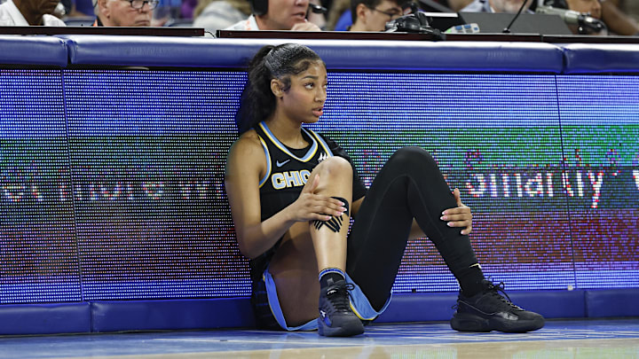 Aug 25, 2024; Chicago, Illinois, USA; Chicago Sky forward Angel Reese (5) waits to enter the game against the Las Vegas Aces during the first half at Wintrust Arena. Mandatory Credit: Kamil Krzaczynski-Imagn Images