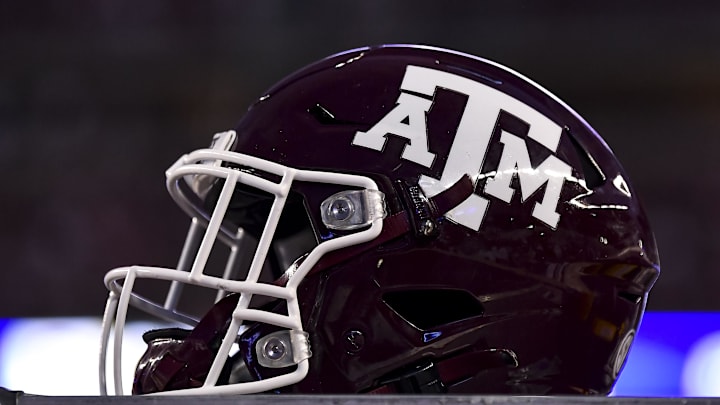 Oct 23, 2021; College Station, Texas, USA;  Texas A&M Aggies helmet on the sideline during the game against the South Carolina Gamecocks at Kyle Field. Mandatory Credit: Maria Lysaker-Imagn Images