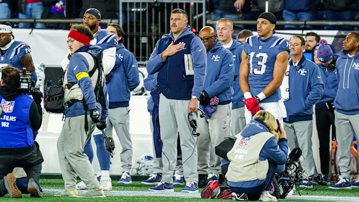 Nov 13, 2025; Foxborough, Massachusetts, USA; New England Patriots head coach Mike Vrabel before the start of the game against the New York Jets at Gillette Stadium. Mandatory Credit: David Butler II-Imagn Images