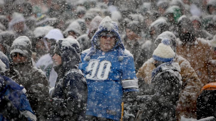 A Detroit Lions fan watches second-quarter action against the Philadelphia Eagles during a heavy snowstorm Sunday, Dec. 8, 2013 at Lincoln Financial Field in Philadelphia. The Eagles won, 34-20.