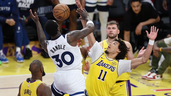 Jaxson Hayes #11 of the Los Angeles Lakers against the Minnesota Timberwolves.