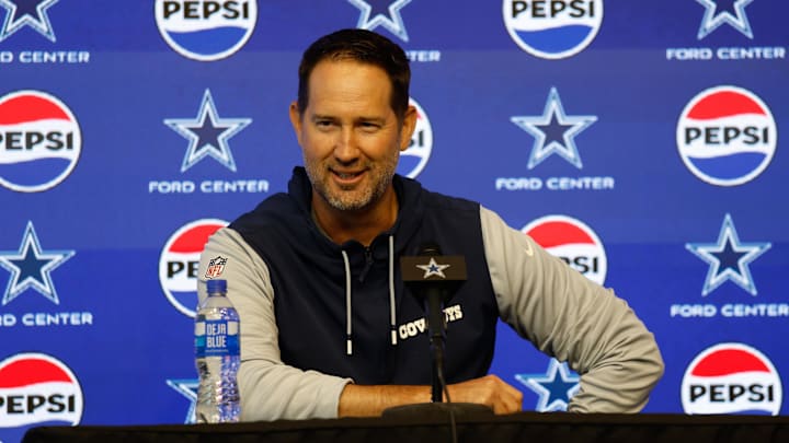 Dallas Cowboys head coach Brian Schottenheimer addresses the media before practice at the Ford Center at the Star Training Facility in Frisco, Texas. 