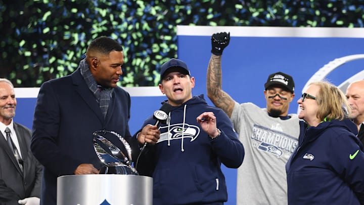 Jan 25, 2026; Seattle, WA, USA; Seattle Seahawks head coach Mike MacDonald speaks on the podium after defeating the Los Angeles Rams in the 2026 NFC Championship Game at Lumen Field. Mandatory Credit: Kevin Ng-Imagn Images