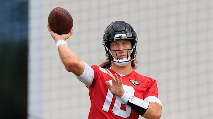 Jacksonville Jaguars quarterback Trevor Lawrence (16) throws the ball during a combined NFL football training camp session between the Tampa Bay Buccaneers and Jacksonville Jaguars Thursday, Aug. 15, 2024 at EverBank Stadium’s Miller Electric Center in Jacksonville, Fla. [Corey Perrine/Florida Times-Union]