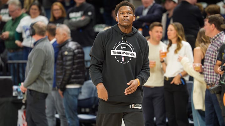 Apr 25, 2026; Minneapolis, Minnesota, USA; Minnesota Timberwolves guard Anthony Edwards (5) warms up before the game against the Denver Nuggets at Target Center. Mandatory Credit: Matt Blewett-Imagn Images