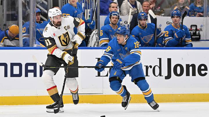 Oct 22, 2026; St. Louis, Missouri, USA;  St. Louis Blues center Robert Thomas (18) pressures Vegas Golden Knights right wing Mark Stone (61) during the first period at Enterprise Center.  Mandatory Credit: Jeff Le-Imagn Images