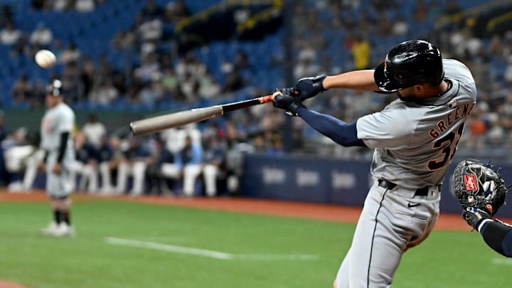 Apr 23, 2024; St. Petersburg, Florida, USA; Detroit Tigers designated hitter Riley Greene (31) hits