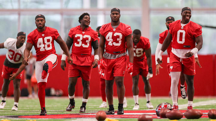Jun 10, 2025; Tampa Bay, FL, USA; Tampa Bay Buccaneers linebacker Antonio Grier Jr. (48) linebacker Jose Ramirez (33) linebacker Chris Braswell (43) and linebacker Yaya Diaby (0) participate in mini camp at AdventHealth Training Center. Mandatory Credit: Nathan Ray Seebeck-Imagn Images