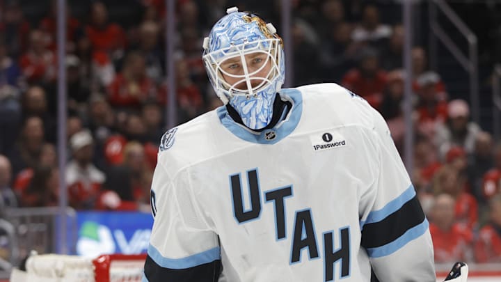 Mar 3, 2026; Washington, District of Columbia, USA; Utah Mammoth goalie Karel Vejmelka (70) looks on during the third period against the Washington Capitals at Capital One Arena. Mandatory Credit: Amber Searls-Imagn Images