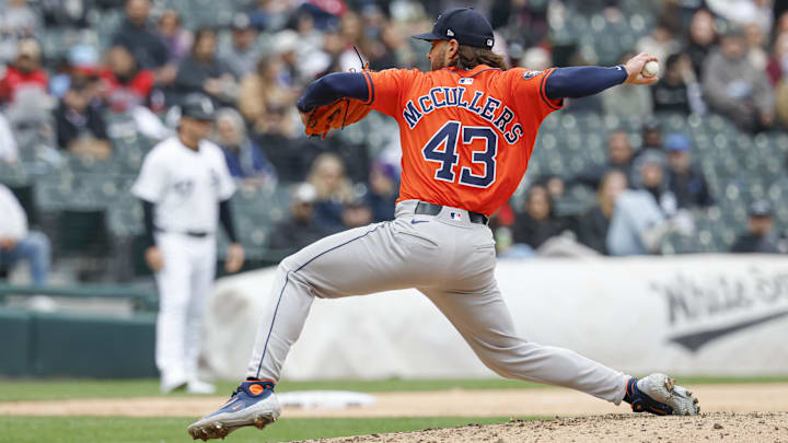 May 4, 2025; Chicago, Illinois, USA; Houston Astros starting pitcher Lance McCullers Jr. (43) delivers a pitch against the Chicago White Sox during the fourth inning at Rate Field.