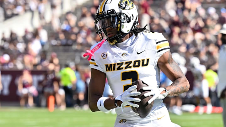 Oct 5, 2024; College Station, Texas, USA; Missouri Tigers wide receiver Luther Burden III (3) warms up prior to the against the Texas A&M Aggies at Kyle Field. Mandatory Credit: Maria Lysaker-Imagn Images. 