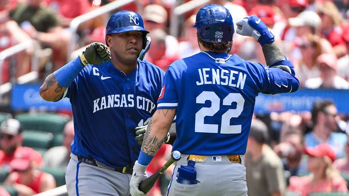 May 17, 2026; St. Louis, Missouri, USA; Kansas City Royals catcher Salvador Perez (13) is congratulated by designated hitter Carter Jensen (22) after hitting a solo home run against the St. Louis Cardinals during the fourth inning at Busch Stadium. Mandatory Credit: Jeff Curry-Imagn Images