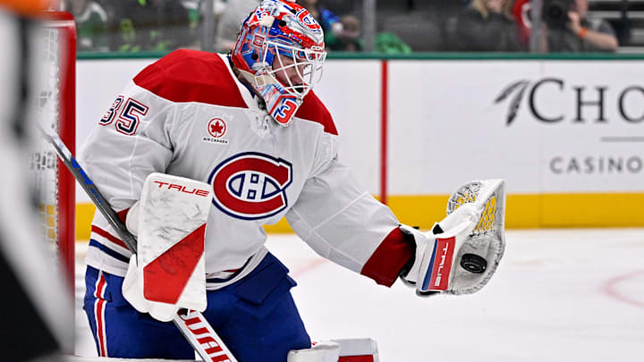 Jan 4, 2026; Dallas, Texas, USA; Montreal Canadiens goaltender Sam Montembeault (35) makes a glove save on a Dallas Stars shot during the second period at the American Airlines Center. Mandatory Credit: Jerome Miron-Imagn Images Jan 4, 2026; Dallas, Texas, USA; Montreal Canadiens goaltender Sam Montembeault (35) makes a glove save on a Dallas Stars shot during the second period at the American Airlines Center. Mandatory Credit: Jerome Miron-Imagn Images