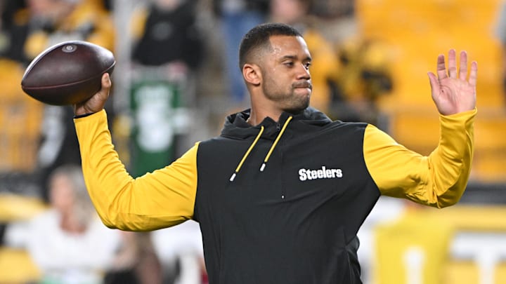 Oct 20, 2024; Pittsburgh, Pennsylvania, USA; Pittsburgh Steelers quarterback Russell Wilson (3) warms up for a game against the New York Jets at Acrisure Stadium. Mandatory Credit: Barry Reeger-Imagn Images