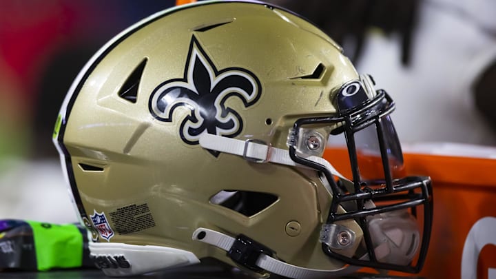 Oct 20, 2022; Glendale, Arizona, USA; Detailed view of a New Orleans Saints helmet at State Farm Stadium. Mandatory Credit: Mark J. Rebilas-Imagn Images