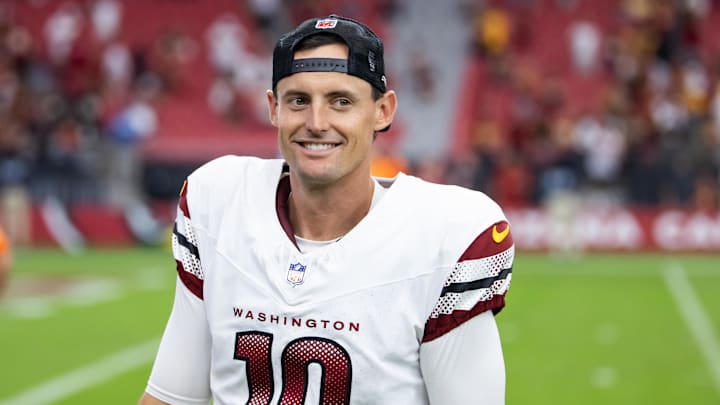 Sep 29, 2024; Glendale, Arizona, USA; Washington Commanders punter Tress Way (10) against the Arizona Cardinals at State Farm Stadium. Mandatory Credit: Mark J. Rebilas-Imagn Images